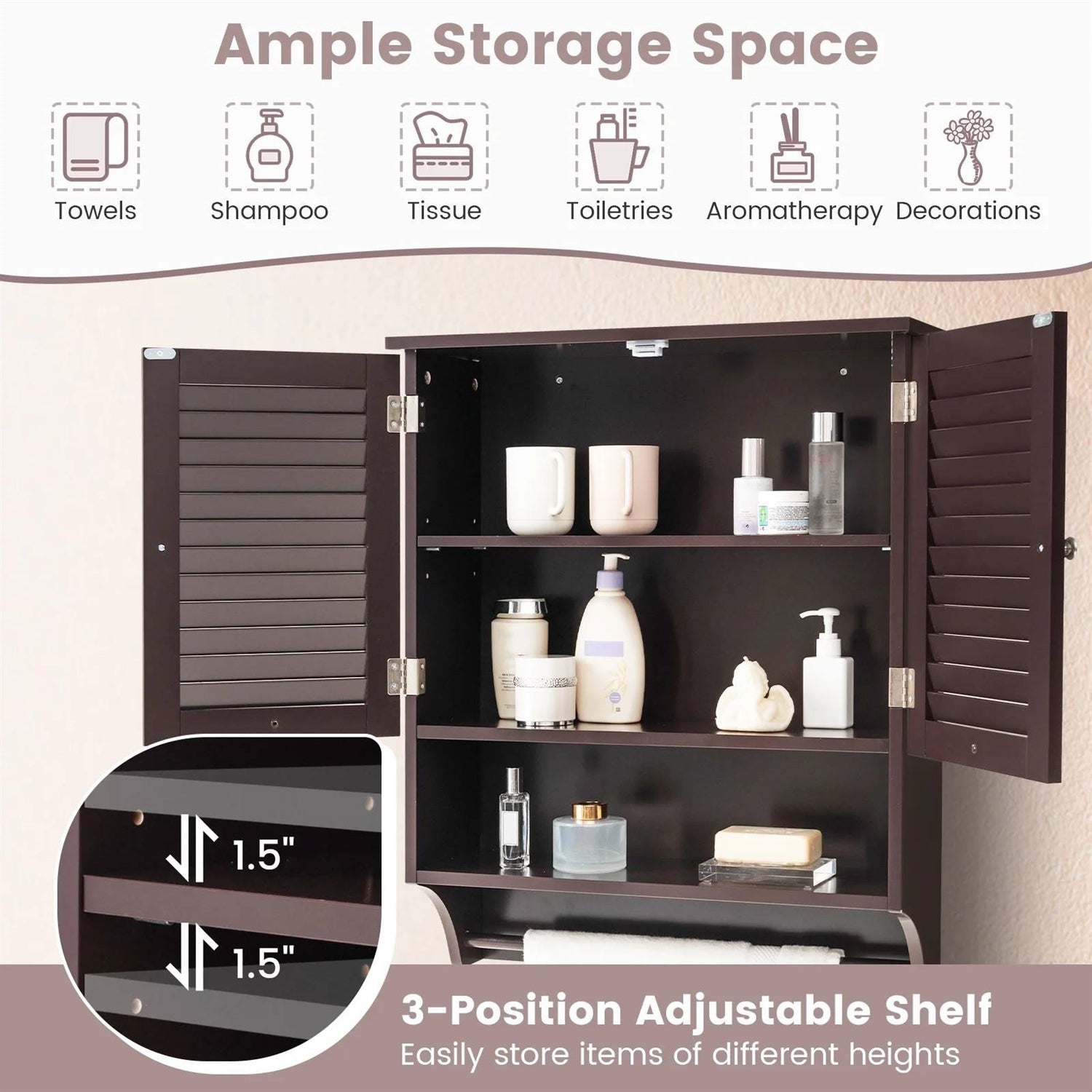 Brown Wall-Mounted Bathroom Medicine Cabinet with Louver Doors and Towel Bar FastFurnishings