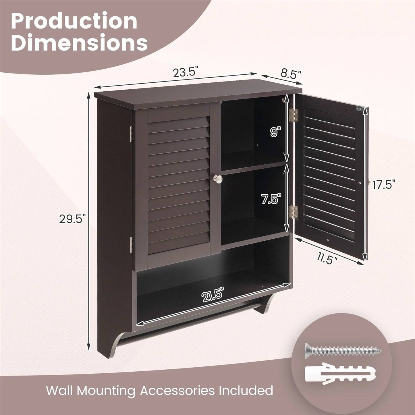 Brown Wall-Mounted Bathroom Medicine Cabinet with Louver Doors and Towel Bar FastFurnishings