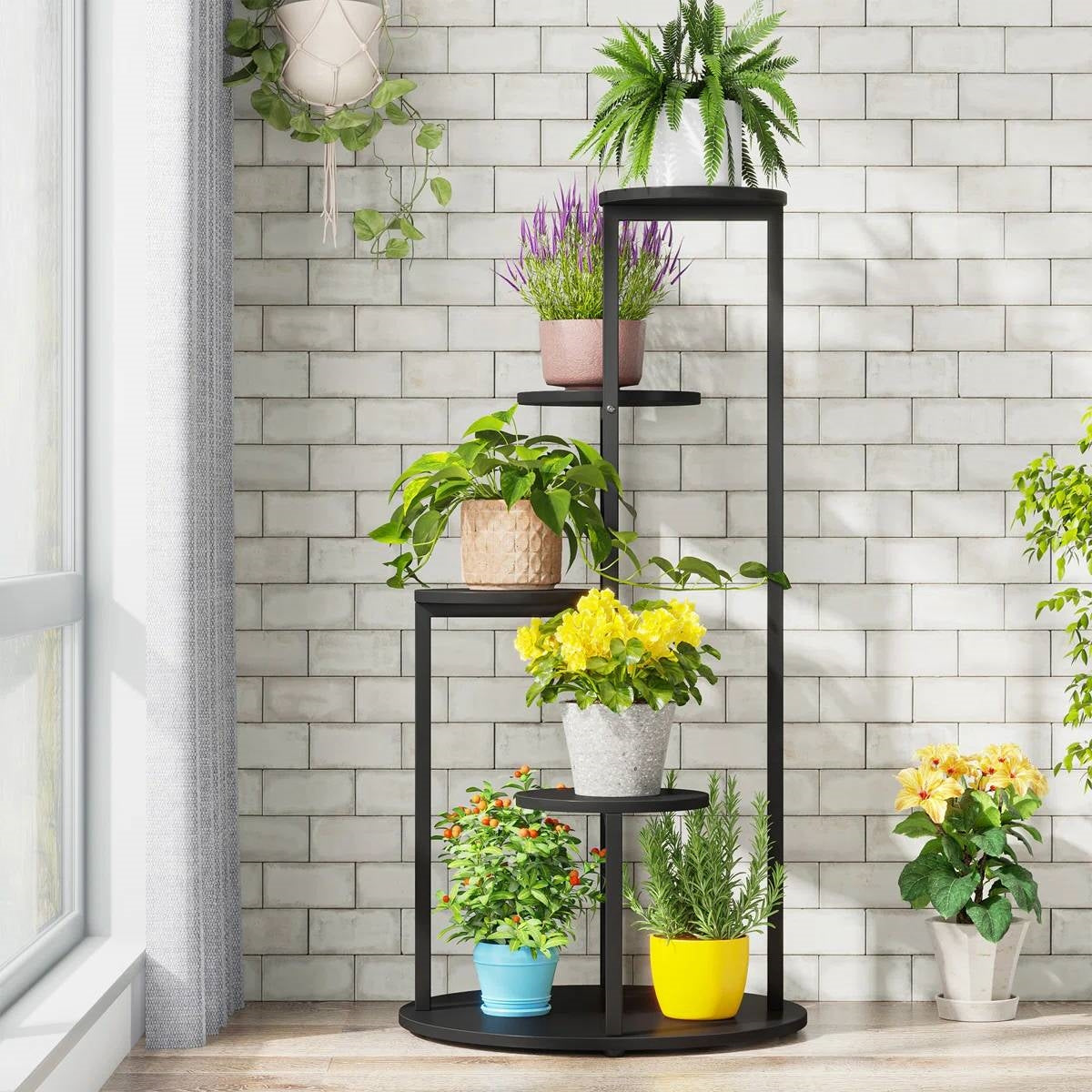 5-Tier Indoor Plant Stand with Black Metal Frame and Brown Wood Finish Shelves FastFurnishings