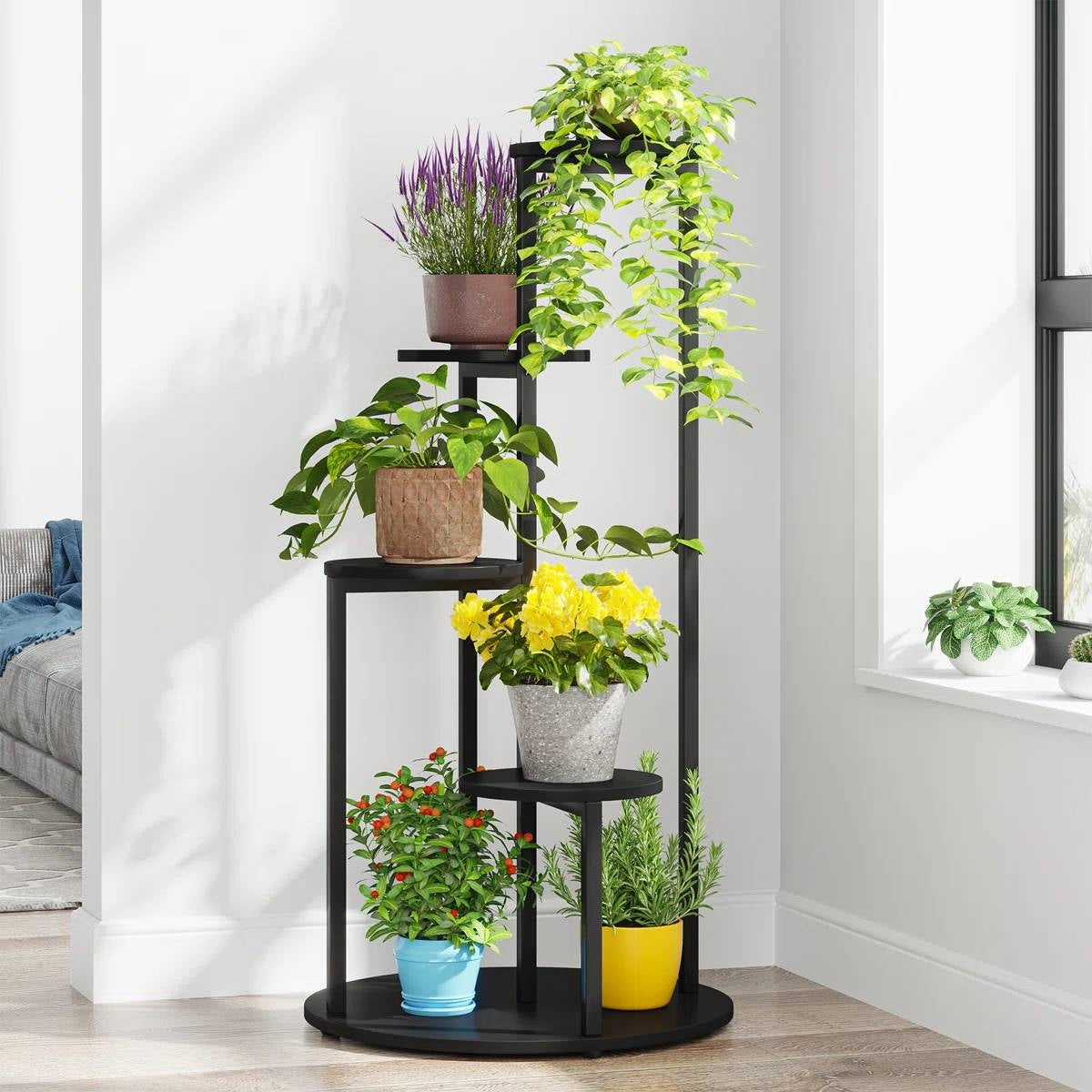 5-Tier Indoor Plant Stand with Black Metal Frame and Brown Wood Finish Shelves FastFurnishings