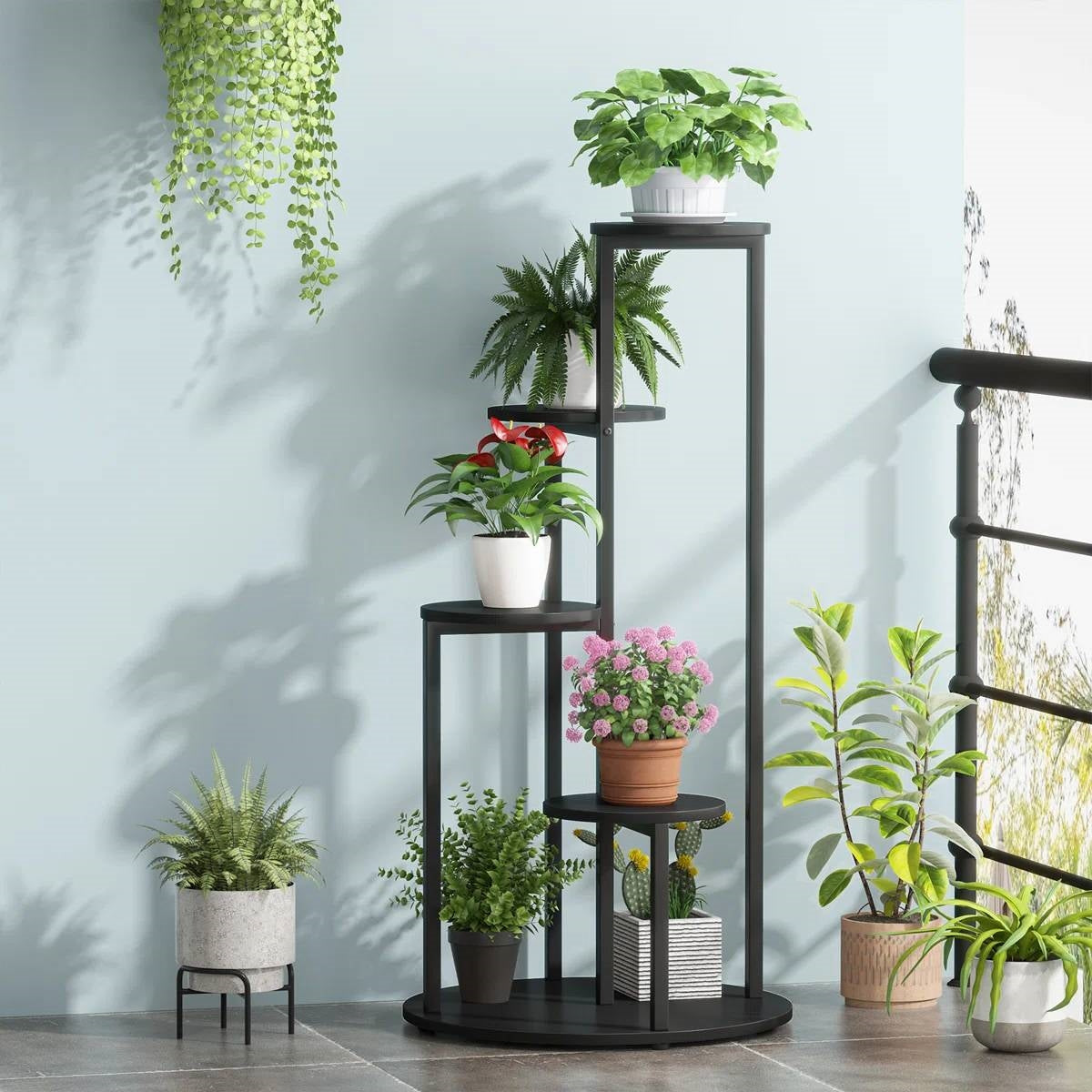 5-Tier Indoor Plant Stand with Black Metal Frame and Brown Wood Finish Shelves FastFurnishings