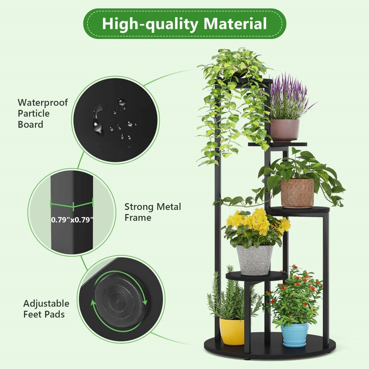 5-Tier Indoor Plant Stand with Black Metal Frame and Brown Wood Finish Shelves FastFurnishings