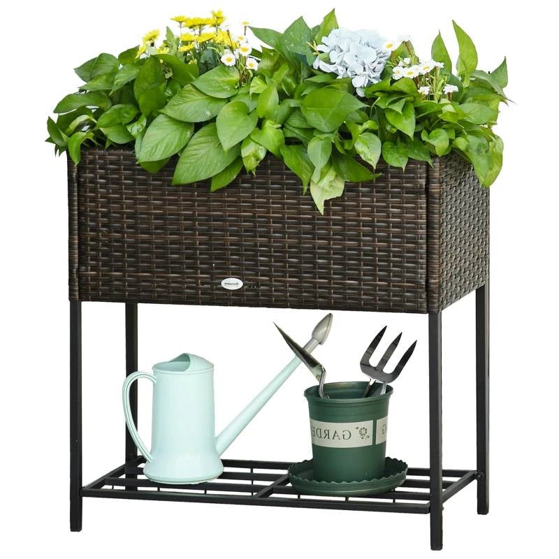 Brown Modern PE Rattan Wicker Raised Garden Bed Elevated Planter Box FastFurnishings