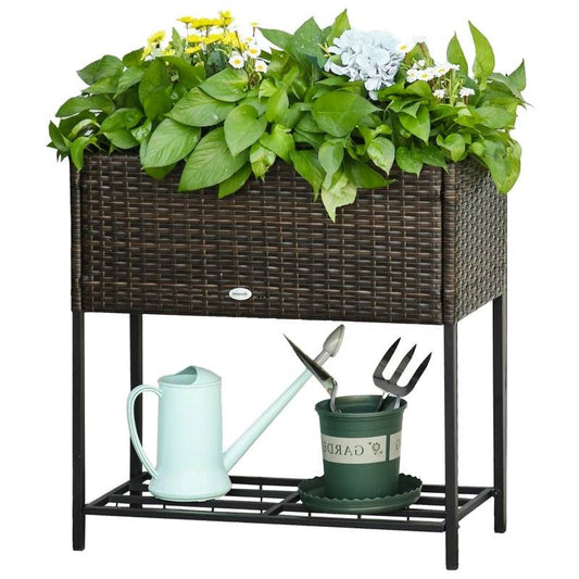 Brown Modern PE Rattan Wicker Raised Garden Bed Elevated Planter Box FastFurnishings