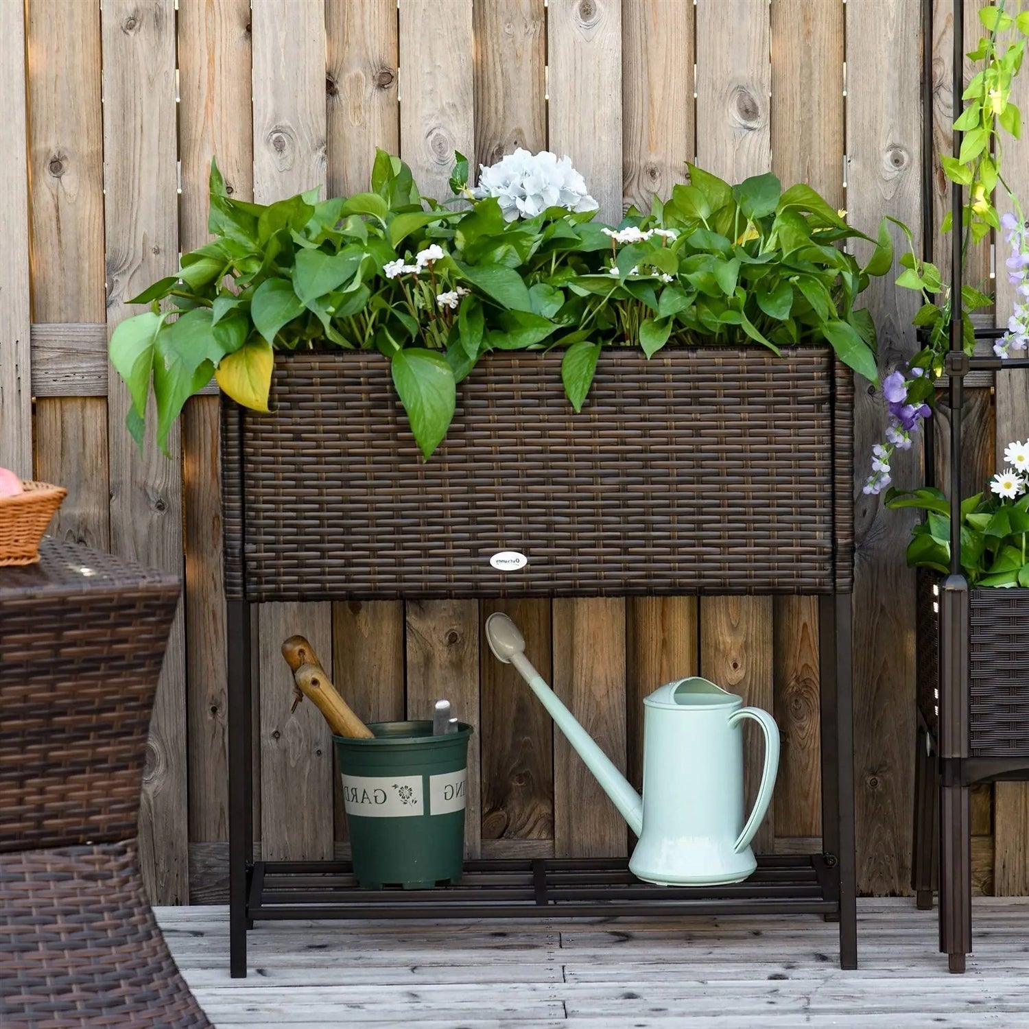 Brown Modern PE Rattan Wicker Raised Garden Bed Elevated Planter Box FastFurnishings