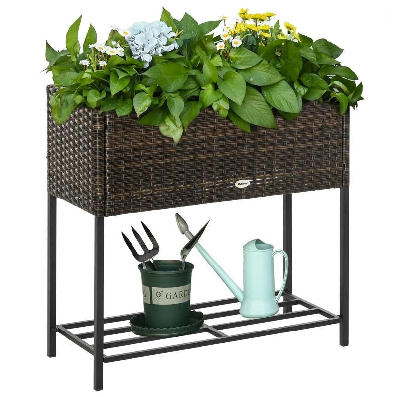 Brown Modern PE Rattan Wicker Raised Garden Bed Elevated Planter Box FastFurnishings