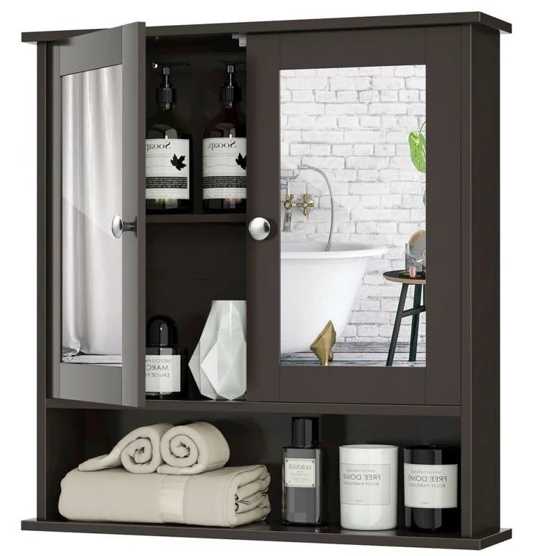 Brown Wooden Bathroom Wall / Medicine Cabinet with Mirrored Doors and Shelf FastFurnishings
