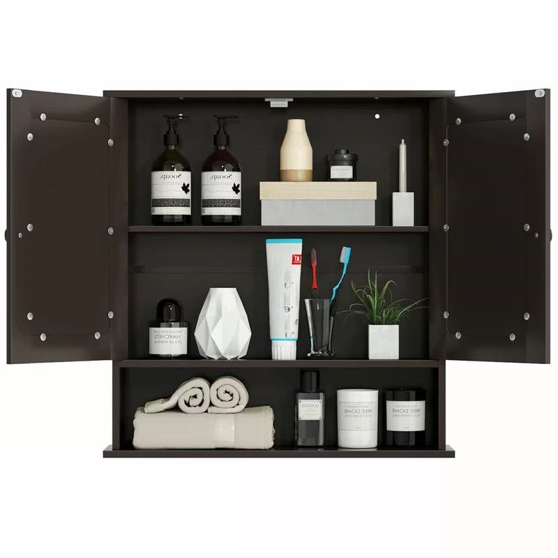 Brown Wooden Bathroom Wall / Medicine Cabinet with Mirrored Doors and Shelf FastFurnishings