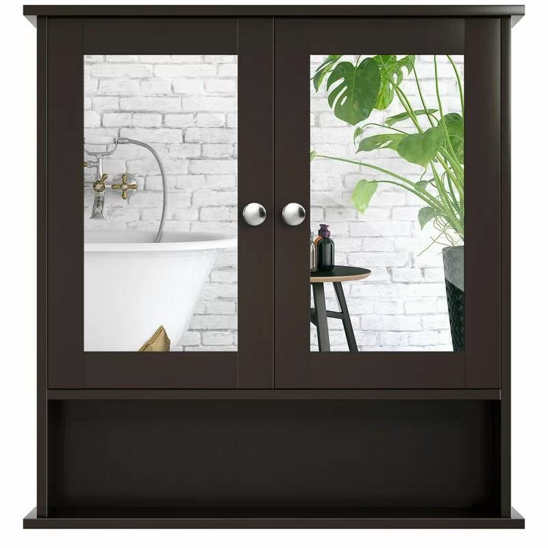 Brown Wooden Bathroom Wall / Medicine Cabinet with Mirrored Doors and Shelf FastFurnishings