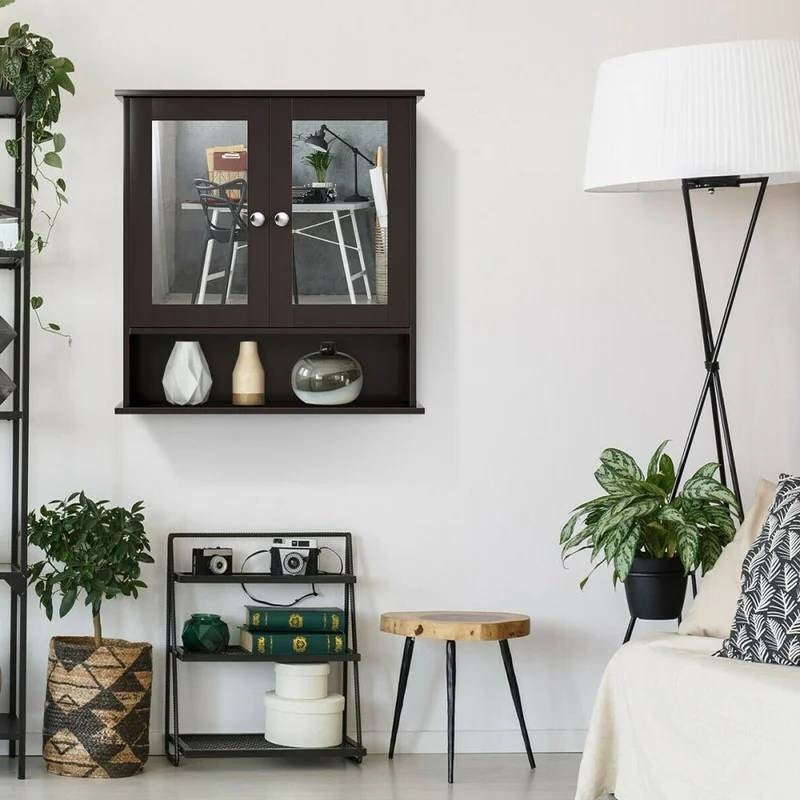 Brown Wooden Bathroom Wall / Medicine Cabinet with Mirrored Doors and Shelf FastFurnishings