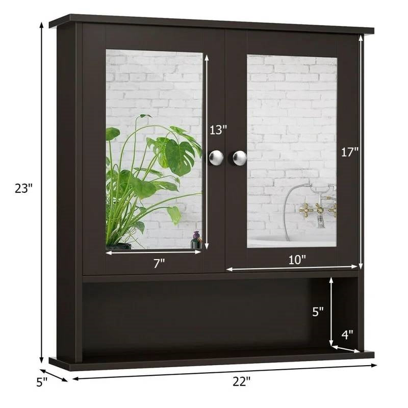 Brown Wooden Bathroom Wall / Medicine Cabinet with Mirrored Doors and Shelf FastFurnishings