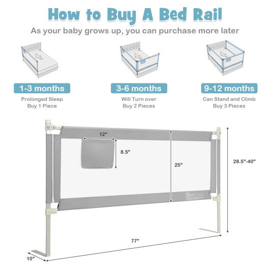 76.8  Inch Baby Bed Rail with Double Safety Child Lock-Gray - Color: Gray W2B