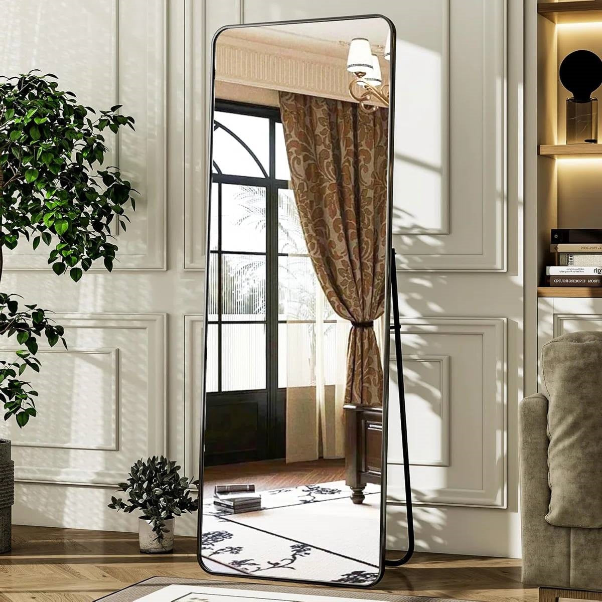 Black 65-inch Full Length Floor Mirror with Stand and Wall Mount Holes-0