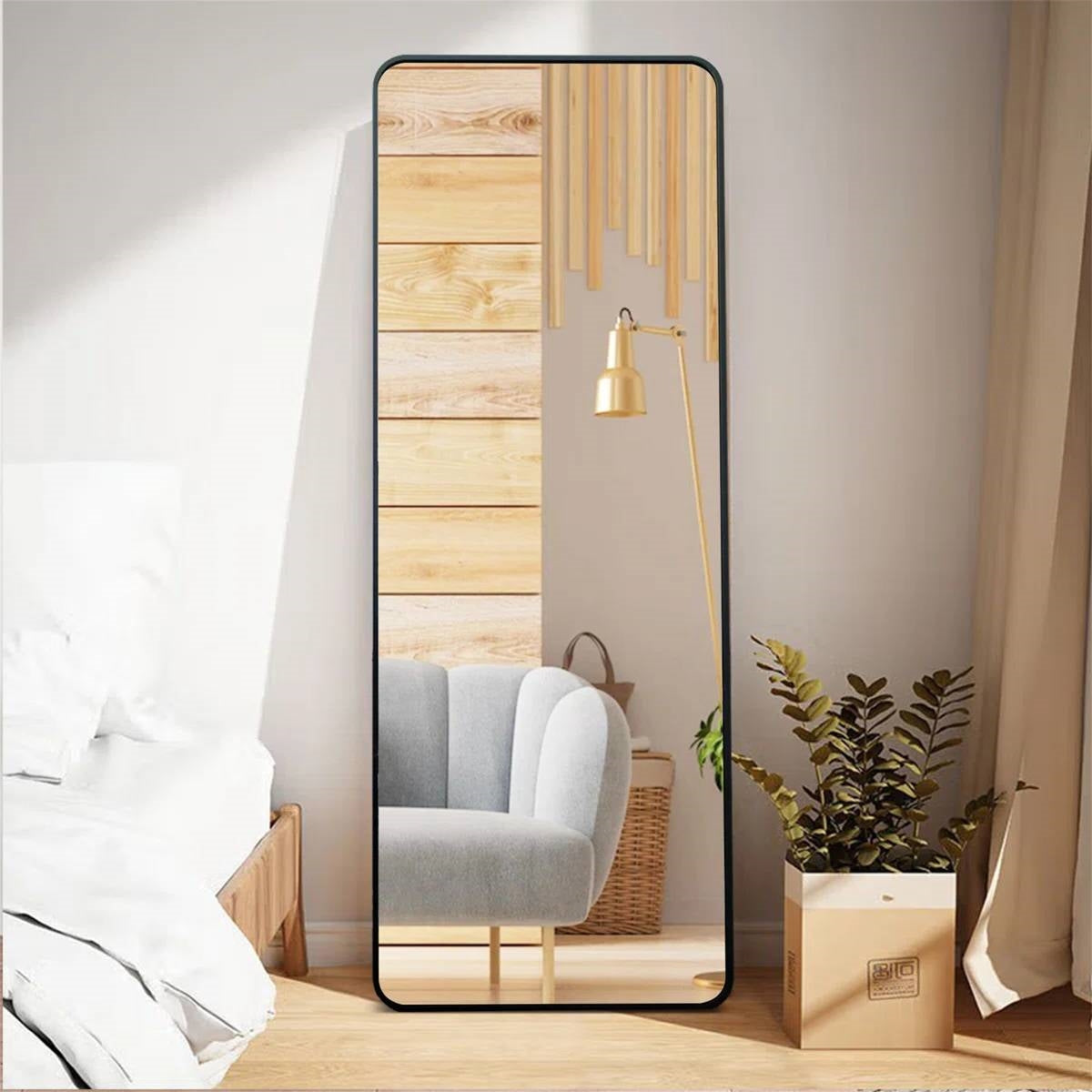 Black 65-inch Full Length Floor Mirror with Stand and Wall Mount Holes-1