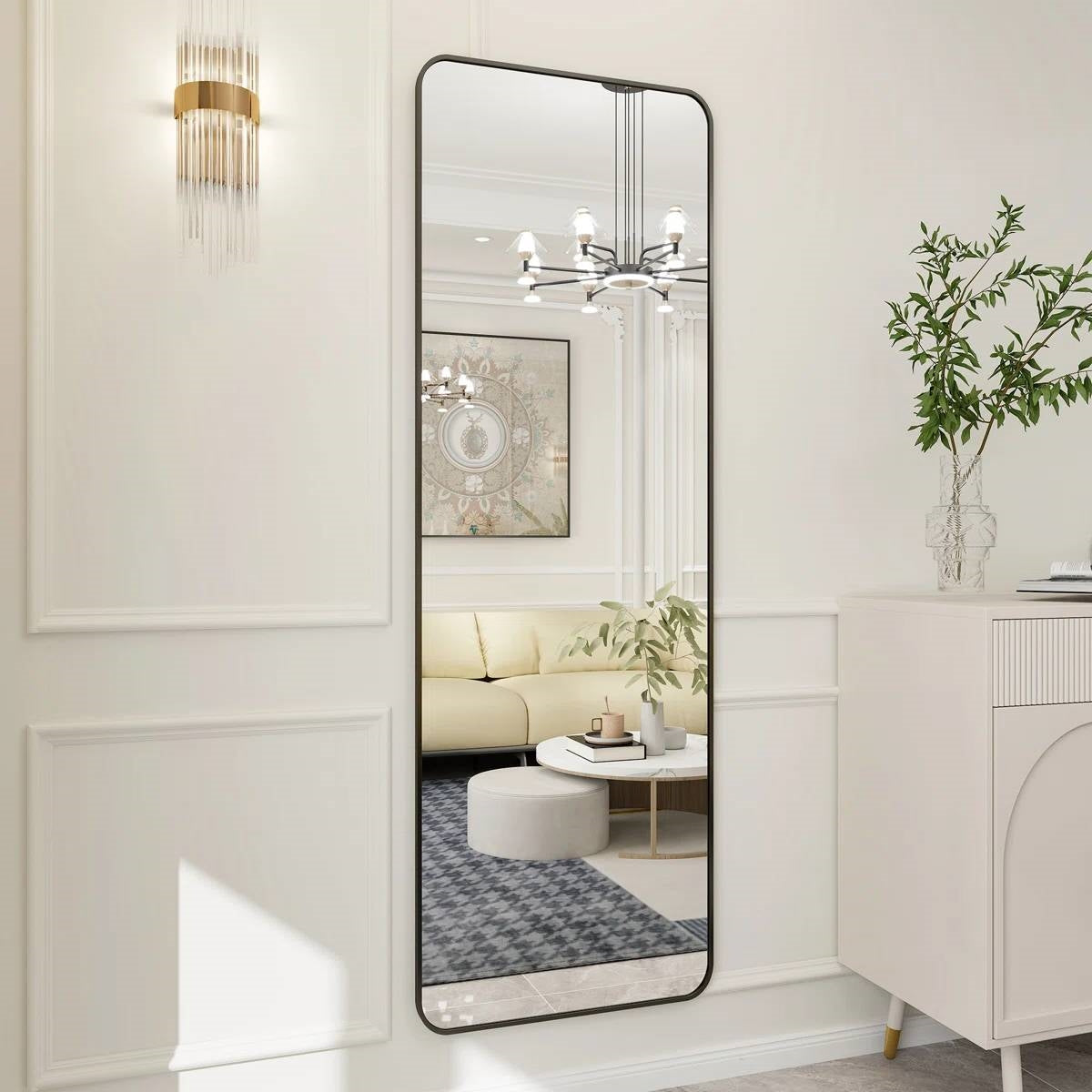Black 65-inch Full Length Floor Mirror with Stand and Wall Mount Holes-2