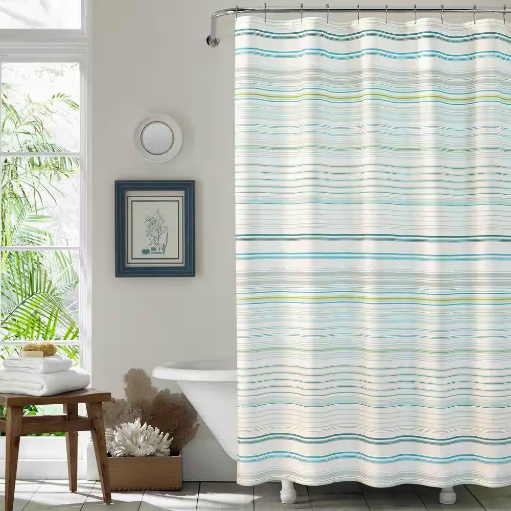 72-inch Sea Breeze Blue Green White Cabana Stripe Cotton Shower Curtain FastFurnishings