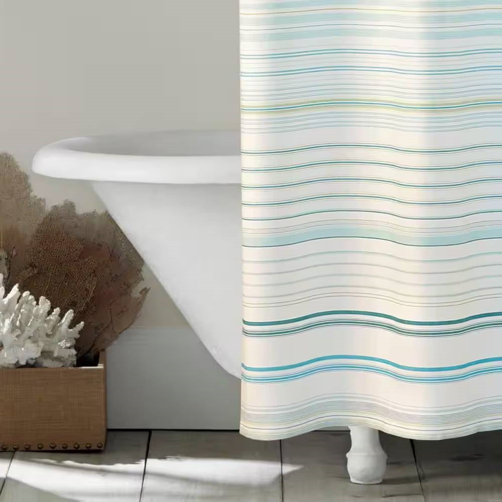 72-inch Sea Breeze Blue Green White Cabana Stripe Cotton Shower Curtain FastFurnishings