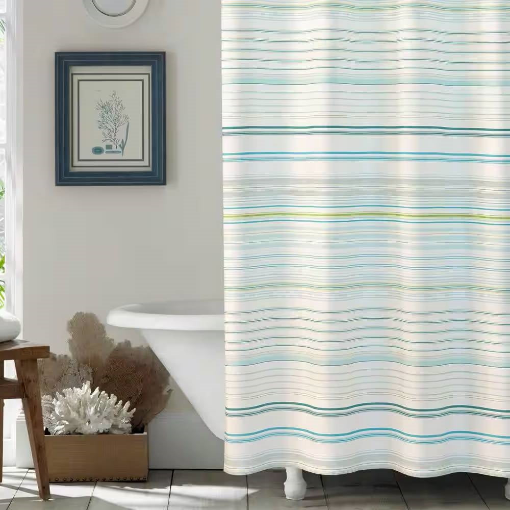 72-inch Sea Breeze Blue Green White Cabana Stripe Cotton Shower Curtain FastFurnishings