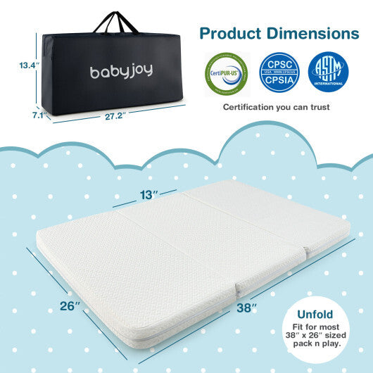 38 x 26 Inch Tri-fold Pack and Play Mattress Topper Mattress Pad with Carrying Bag-White