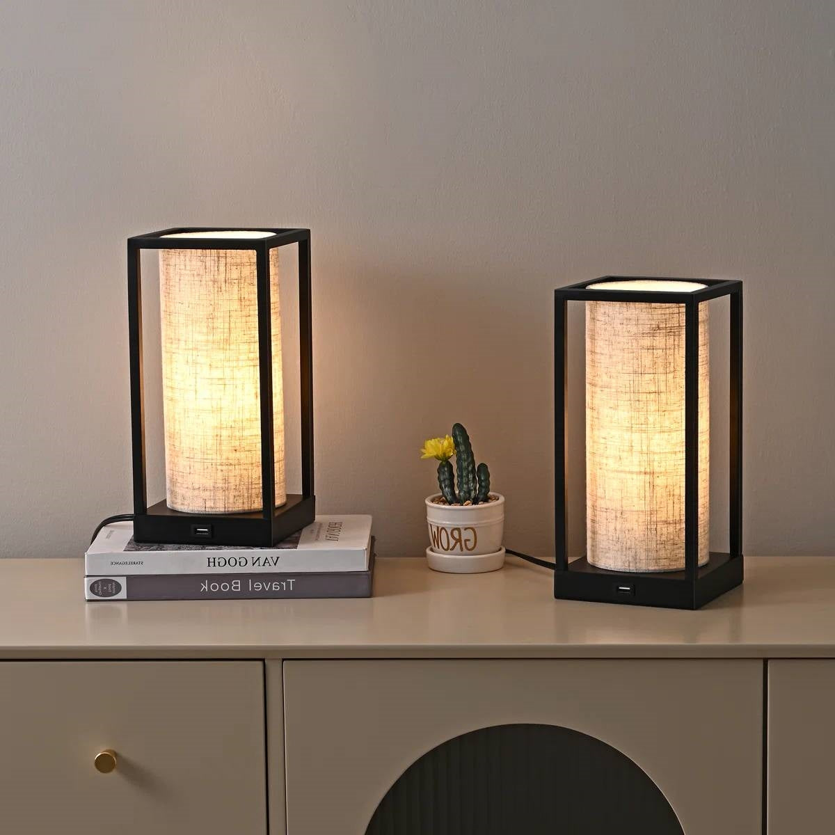 Set of 2 - Modern Japanese Style USB Table Lamp with Beige Linen Shade FastFurnishings