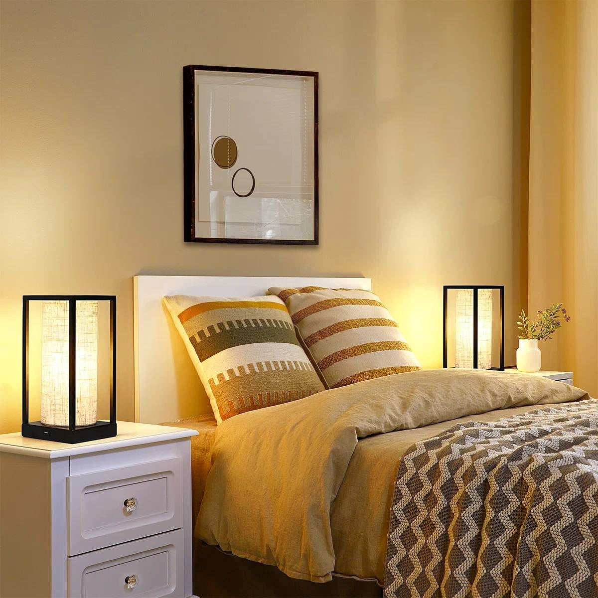 Set of 2 - Modern Japanese Style USB Table Lamp with Beige Linen Shade FastFurnishings