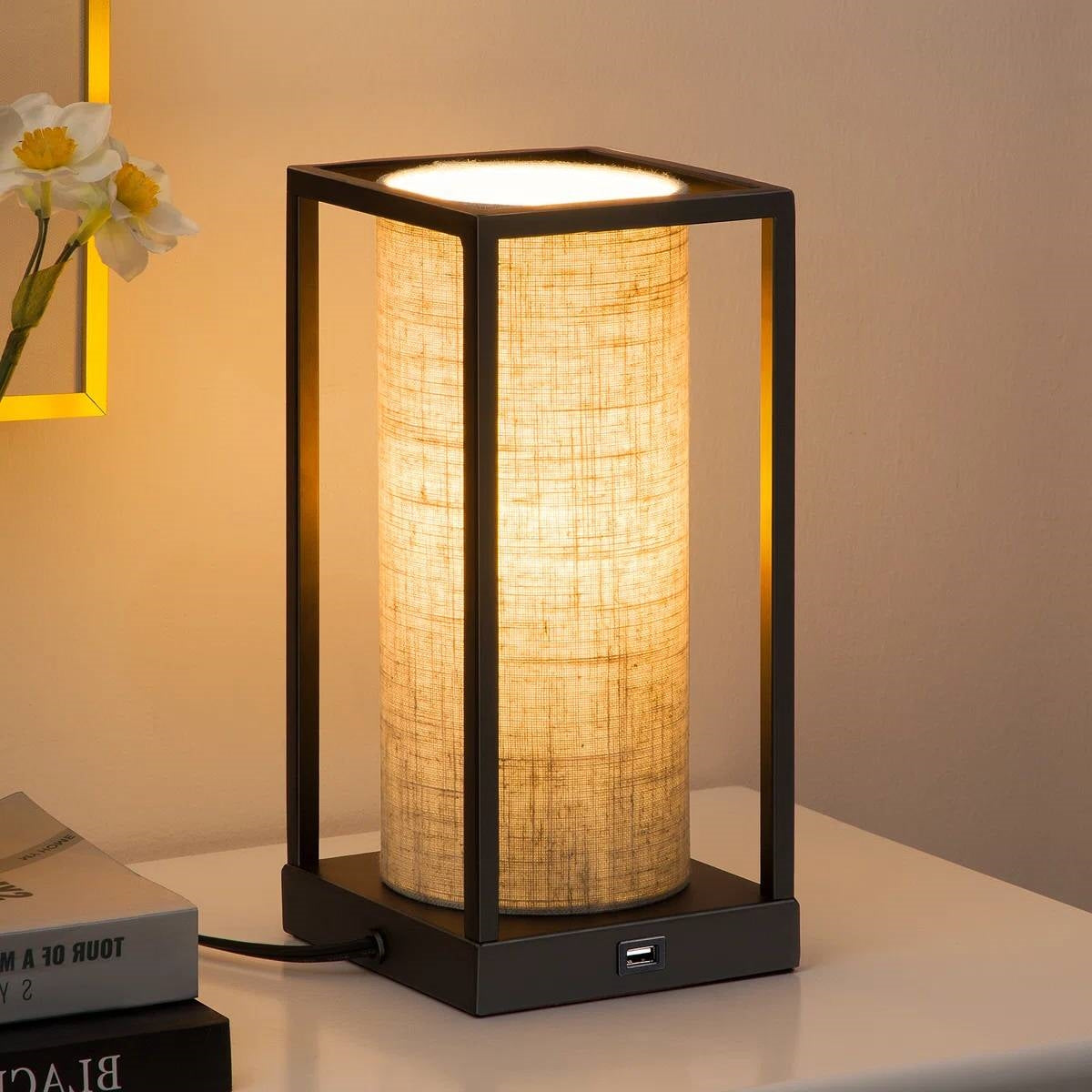 Set of 2 - Modern Japanese Style USB Table Lamp with Beige Linen Shade FastFurnishings