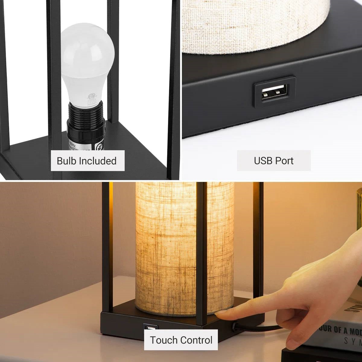 Set of 2 - Modern Japanese Style USB Table Lamp with Beige Linen Shade FastFurnishings