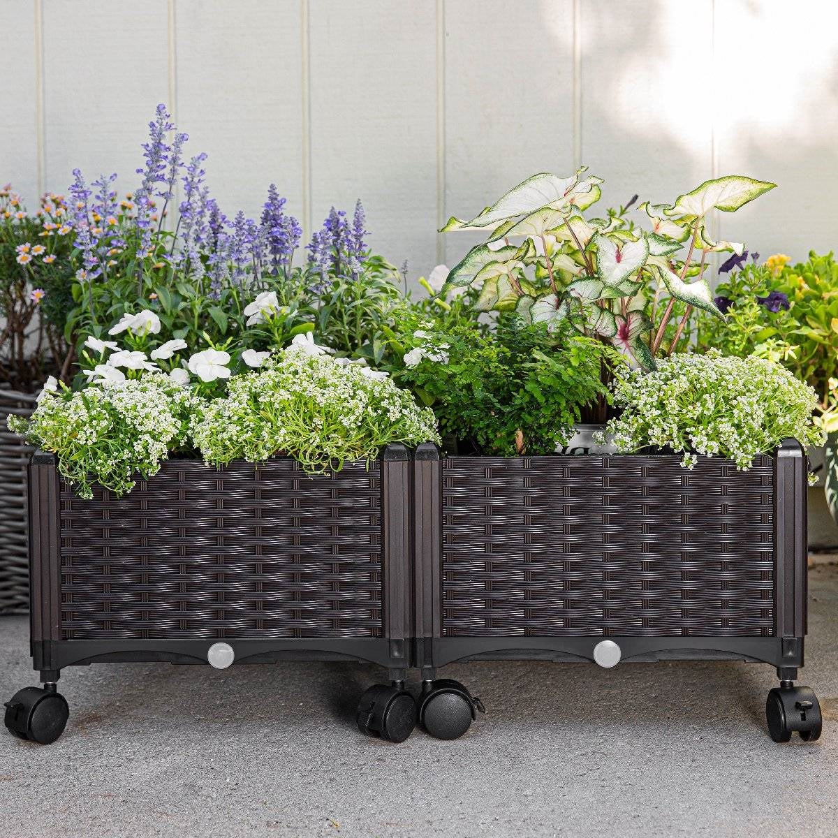 Modern 2-Piece Indoor Outdoor Raised Garden Planter Box on Wheels in PP Rattan FastFurnishings