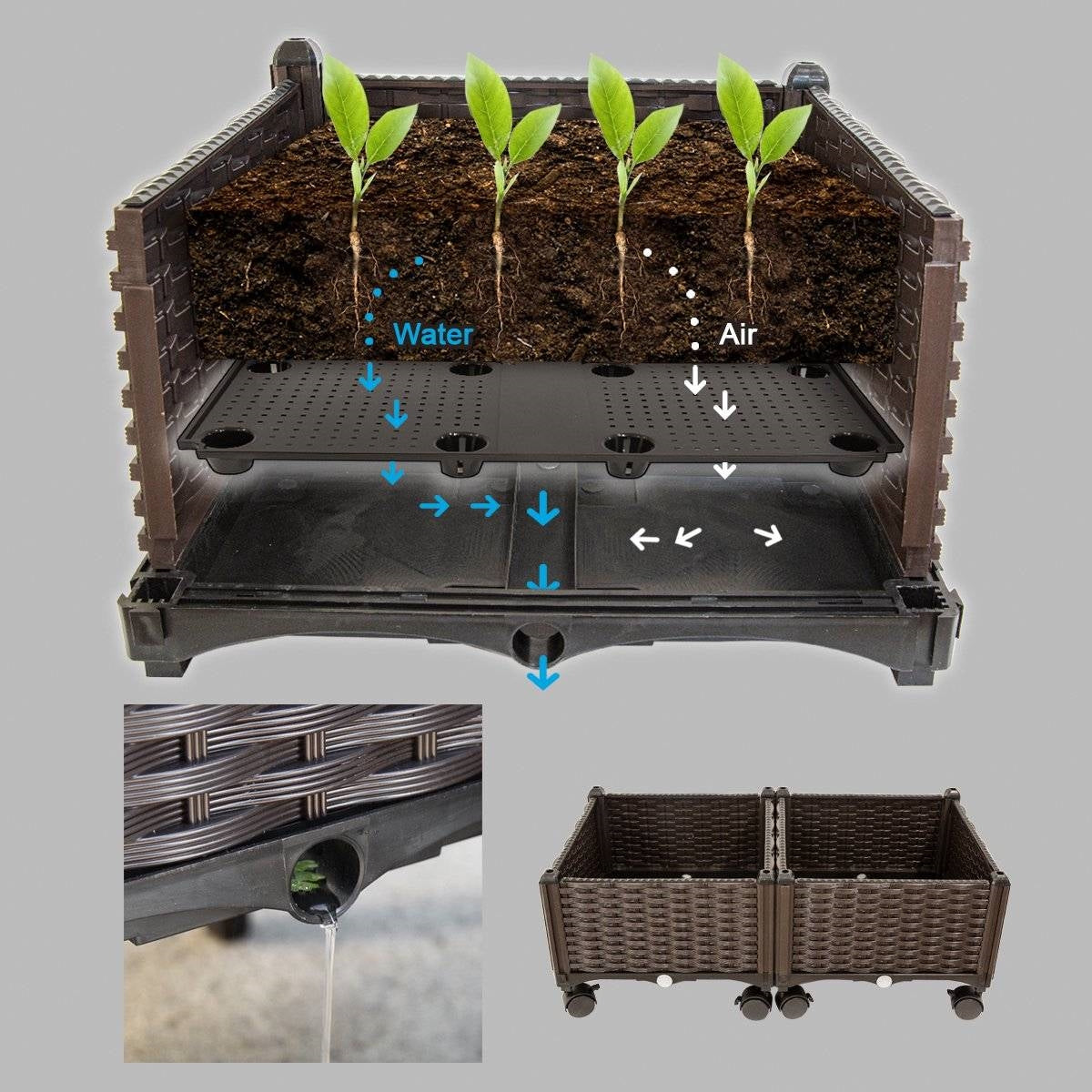 Modern 2-Piece Indoor Outdoor Raised Garden Planter Box on Wheels in PP Rattan FastFurnishings