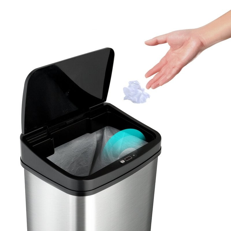 Black Top 13-Gallon Stainless Steel Kitchen Trash Can with Motion Sensor Lid FastFurnishings