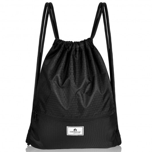 Drawstring Backpack String Bag Foldable Sports Sack with Zipper Pocket-Black - Color: Black W2B