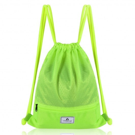 Drawstring Backpack String Bag Foldable Sports Sack with Zipper Pocket-Green - Color: Green W2B