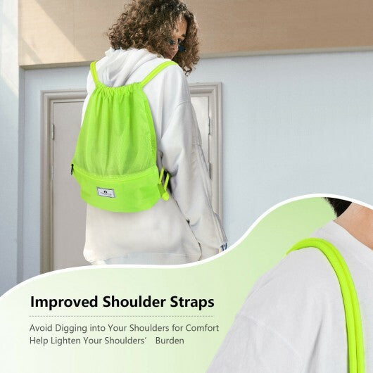 Drawstring Backpack String Bag Foldable Sports Sack with Zipper Pocket-Green - Color: Green W2B