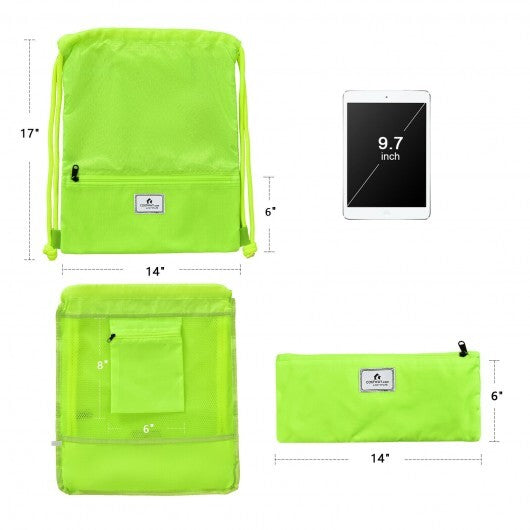 Drawstring Backpack String Bag Foldable Sports Sack with Zipper Pocket-Green - Color: Green W2B
