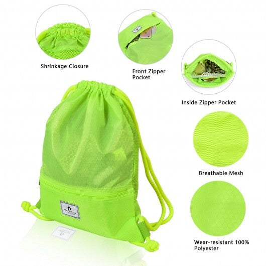 Drawstring Backpack String Bag Foldable Sports Sack with Zipper Pocket-Green - Color: Green W2B