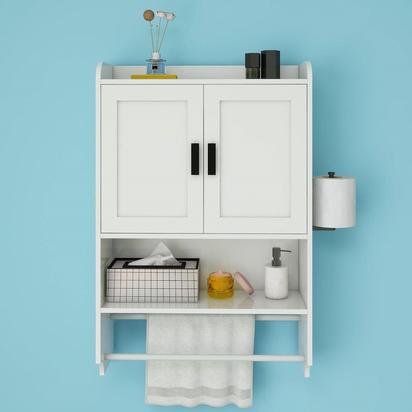 White Bathroom Wall Cabinet with Towel Bar and Storage Shelf FastFurnishings
