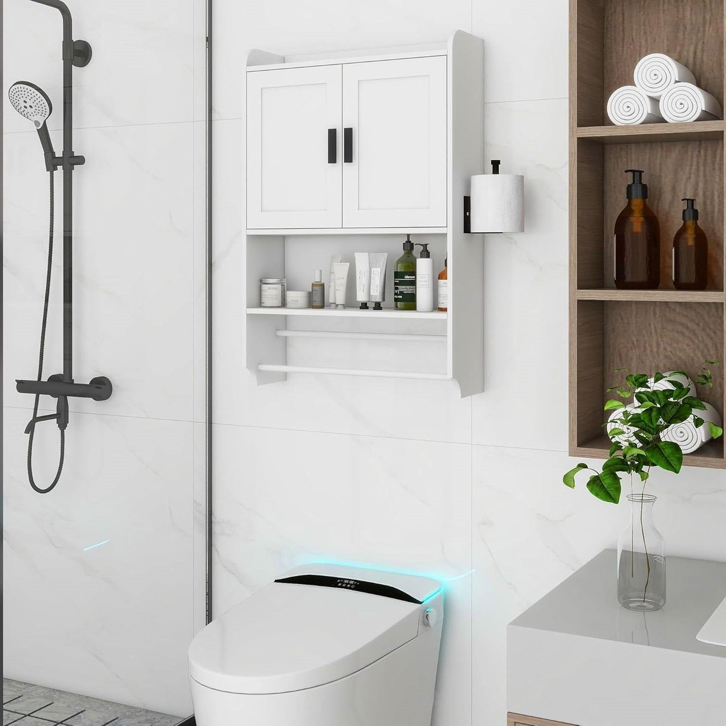 White Bathroom Wall Cabinet with Towel Bar and Storage Shelf FastFurnishings