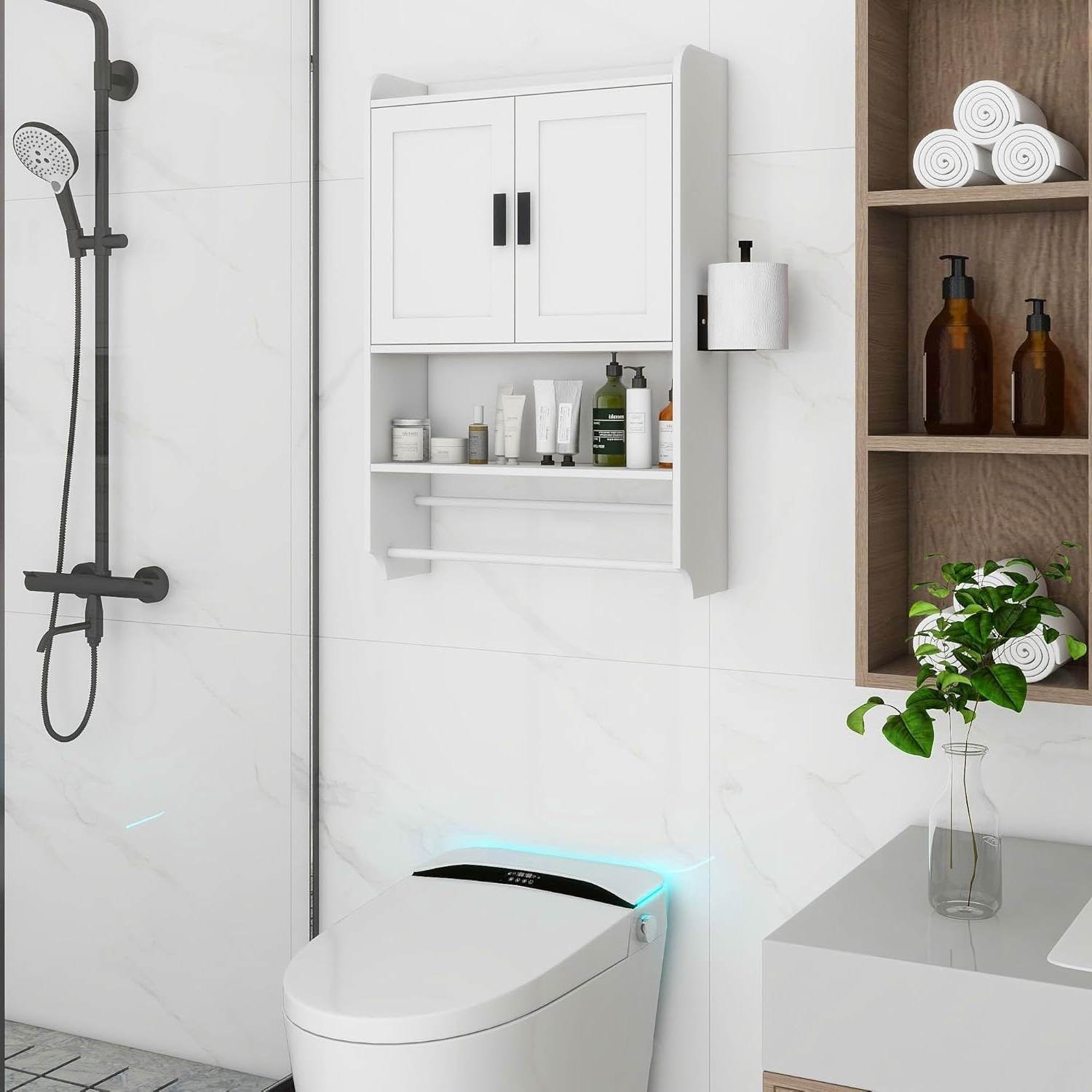 White Bathroom Wall Cabinet with Towel Bar and Storage Shelf FastFurnishings