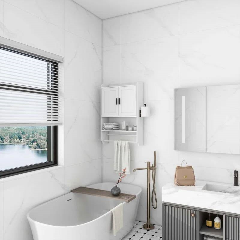 White Bathroom Wall Cabinet with Towel Bar and Storage Shelf FastFurnishings