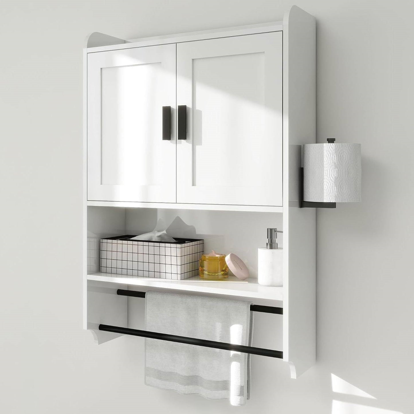 White Bathroom Wall Cabinet with Towel Bar and Storage Shelf FastFurnishings