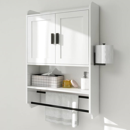 White Bathroom Wall Cabinet with Towel Bar and Storage Shelf FastFurnishings