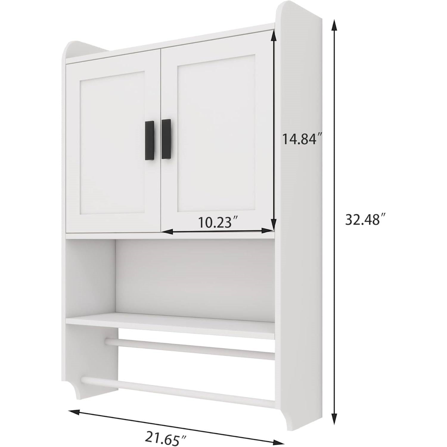 White Bathroom Wall Cabinet with Towel Bar and Storage Shelf FastFurnishings
