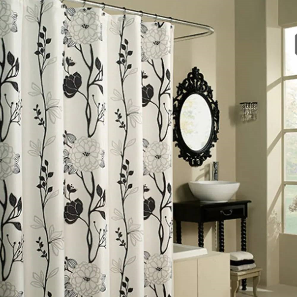 71-inch Boho Black and White Floral Flowers Polyester Fabric Shower Curtain FastFurnishings