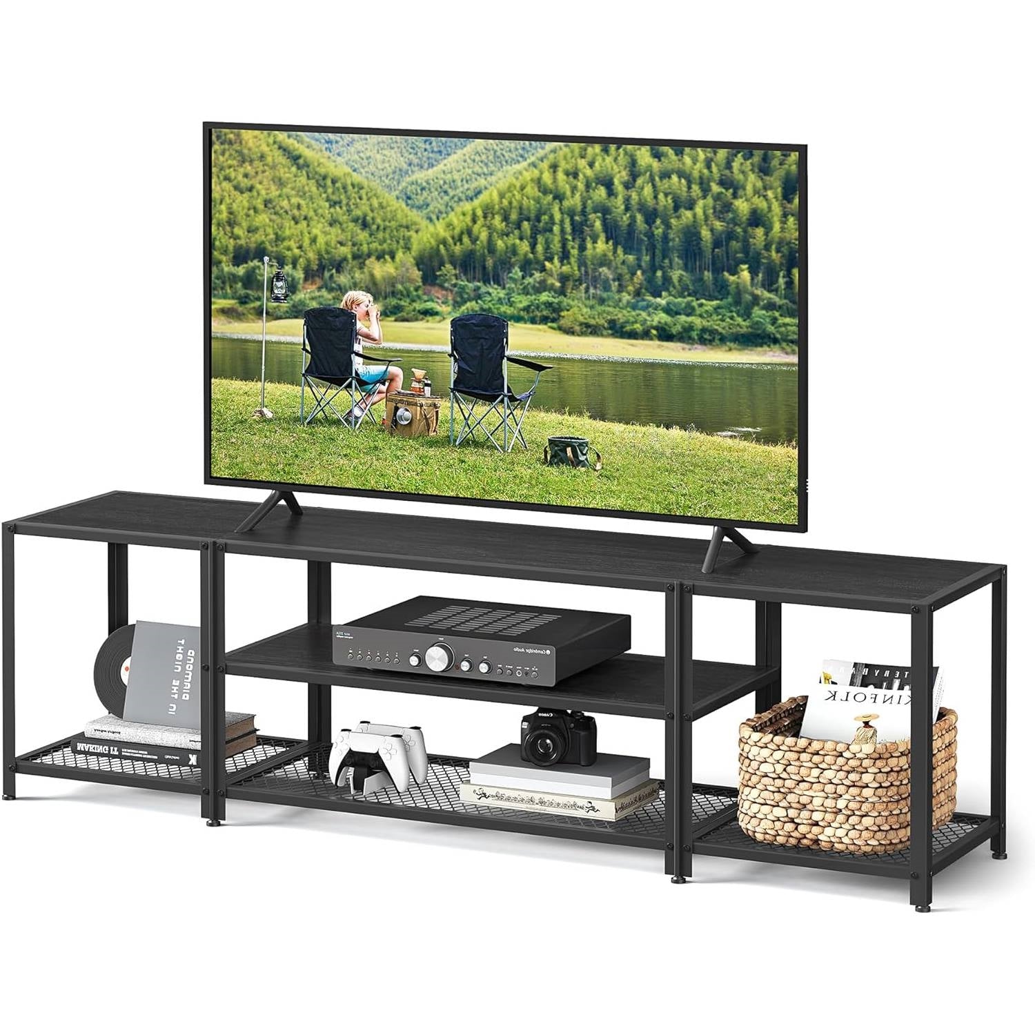 Modern Black Metal Wood TV Stand Entertainment Center for TV up to 75-inch-0