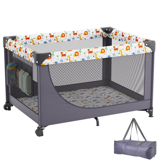 Baby Playpen Travel Crib, Quick-Folding Playpen for Baby & Toddler, Portable Baby Fence Play Yard with Wheels, Breathable Mesh & Travel Bag, Indoor/Outdoor Kids Activity Center for 0-36 Months W2B