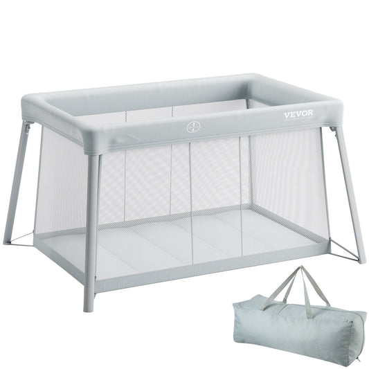 Baby Travel Crib and Play Yard, Folding Baby Playpen with Soft Mattress Pad, Portable Toddlers Crib with Breathable Mesh and Travel Bag, Indoor/Outdoor Kid Activity Center for 0-36 Months Babies W2B