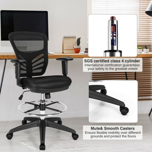 Mesh Drafting Chair Office Chair with Adjustable Armrests and Foot-Ring-Black