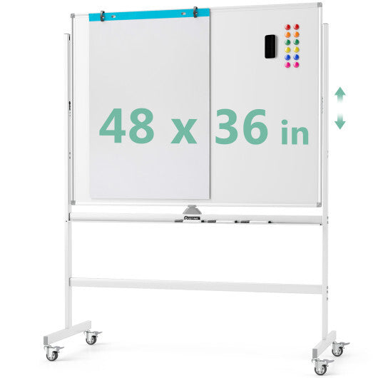 48 x 36 Inch Mobile Magnetic Double-Sided Reversible Whiteboard Height Adjust