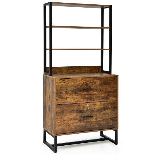 Letter Size Lateral File Cabinet with Lock and Bookshelf-Rustic Brown - Color: Rustic Brown W2B
