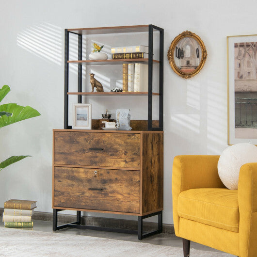 Letter Size Lateral File Cabinet with Lock and Bookshelf-Rustic Brown - Color: Rustic Brown W2B